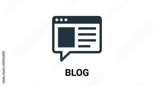 Minimalist dark grey blog icon featuring a browser window graphic combined with a speech bubble shape
