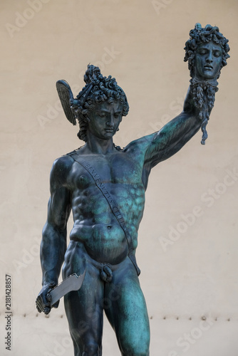 Bronze statue of Perseus and Medusa by Benvenuto Cellini in 1545 in Florence, on transparent background