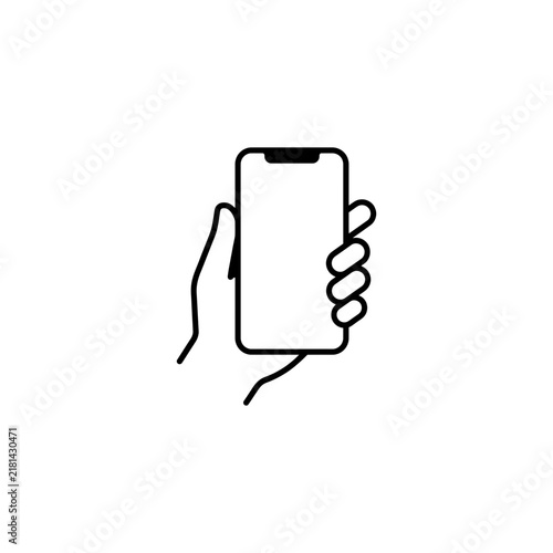 Line icon of a hand gripping a modern smartphone with smartphone gripping communication technology interaction