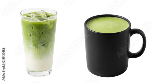 Iced matcha green tea latte in tall glass alongside hot matcha beverage in black ceramic mug for coffee shop menu option.