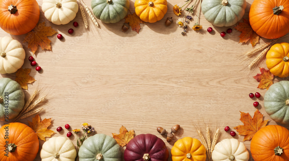 Obraz premium Colorful pumpkins and fall leaves border on rustic wooden background, copy space 