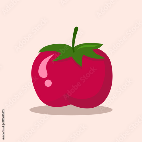Cute Tomato Flat Illustration — Glossy Red Pink Fresh Vegetable with Green Leaf on Cream Background for Food, Cooking and Healthy Lifestyle Design