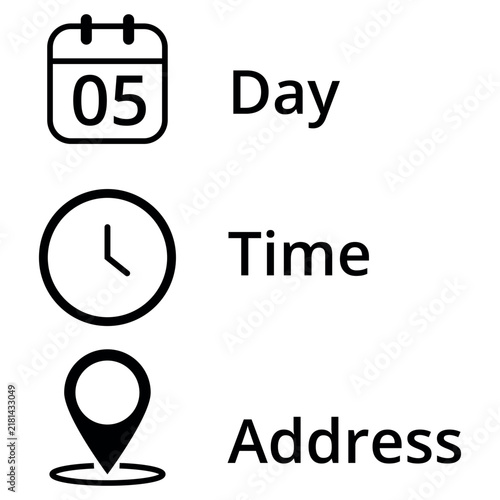 Icons for date, time and location of event, leaked and isolated on transparent background for websites and graphic resources, day 05.