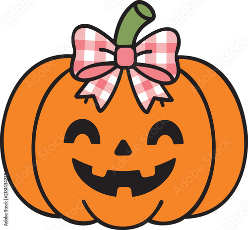 Adorable Halloween pumpkin cartoon with a happy jack-o'-lantern face and a cute pink checkered bow on top. Charming kawaii-style illustration with bold black outlines and bright orange colors, perfect