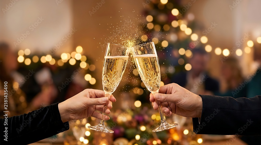 Naklejka premium Festive Christmas gathering with champagne toast near decorated tree and warm lights