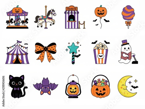 Set of cute halloween carnival icons featuring a carousel, ticket booth, ghost, pumpkin lantern, black cat, bat, and festive treats isolated on white background
