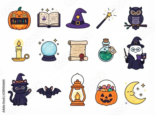 Set of cute halloween magic and witchcraft icons isolated on white background