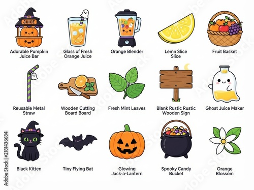 Set of cute halloween and fruit juice themed vector icons featuring pumpkins, ghosts, a black kitten, bat, and fresh ingredients isolated on white background