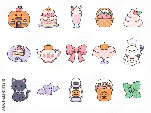 Cute kawaii autumn and halloween themed sticker set with pumpkins, strawberries, sweets, ghost chef, cat, and bat isolated on white background