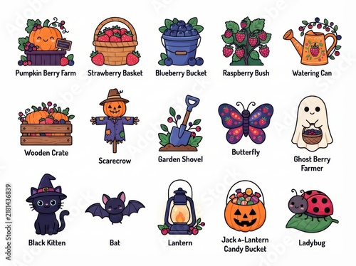 Set of cute autumn and halloween themed icons featuring pumpkins, berries, garden tools, and spooky characters isolated on white background