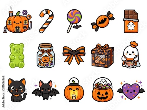 Cute halloween vector icon set featuring pumpkins, ghosts, candy, bats, and festive treats for holiday designs