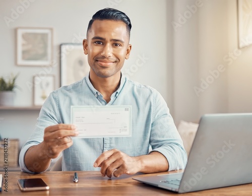 man with laptop holding blank check