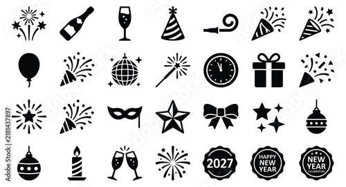 New Year 2027 Party Celebration Silhouette Icon Set