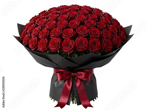 Large red roses bouquet with velvet ribbon