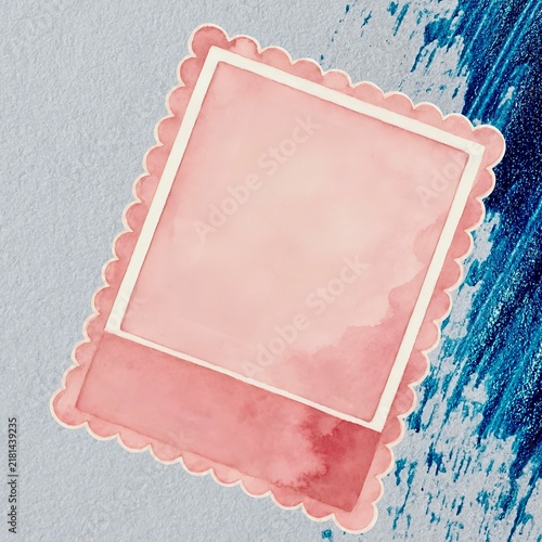 Pink Watercolor Border Photo Frame on Blue Textured Background for Artistic Memory Concept