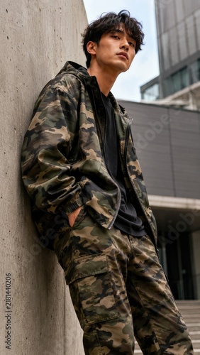 Young man in matching camo jacket and cargo pants leaning against a concrete wall in an urban streetwear setting