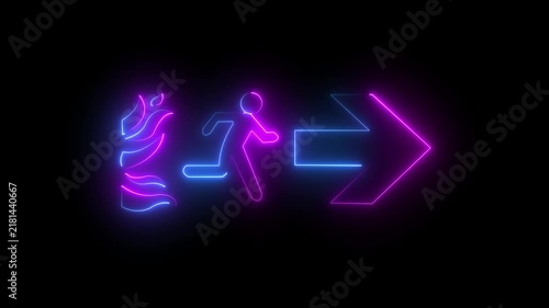 Neon Emergency Exit Sign with Running Person and Arrow Icon on Black Background