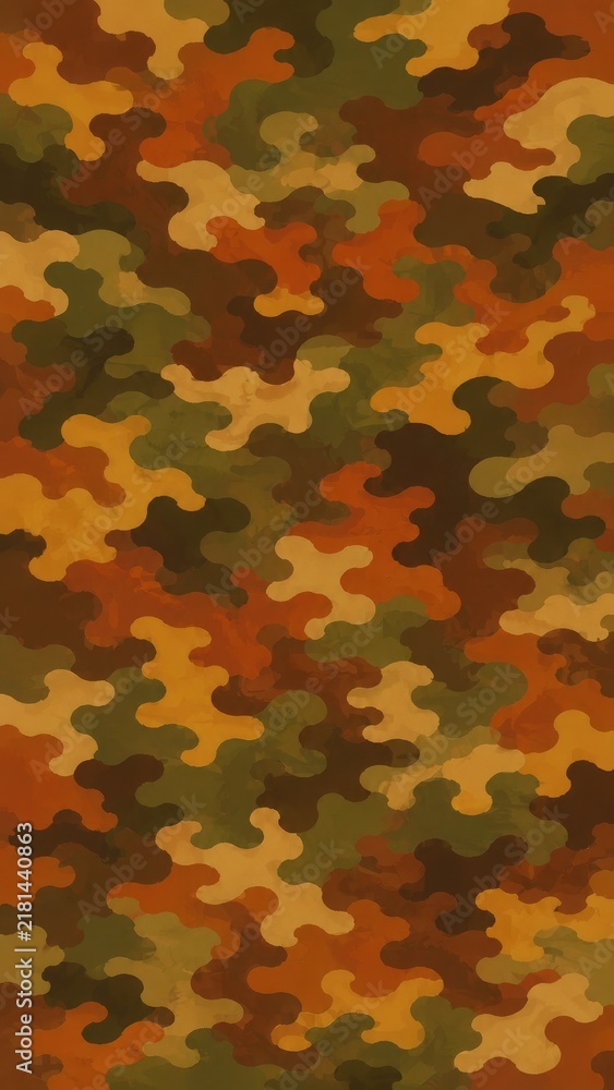 Fototapeta premium Autumn camouflage pattern in warm greens, browns, oranges and tans with organic blotches and a repeating textile-style texture