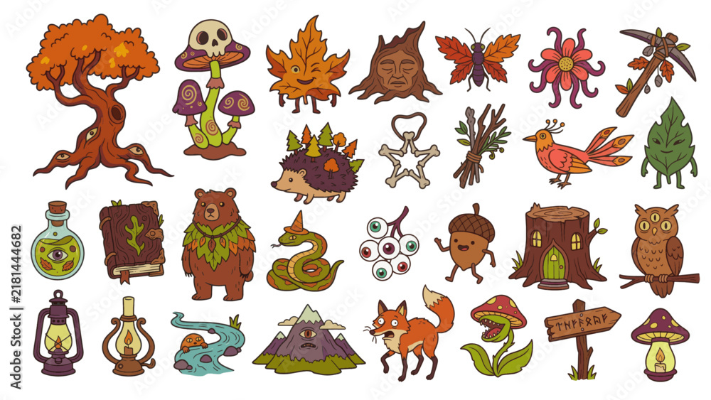 Obraz premium A set of vector icons celebrating Autumn in a fun, quirky style. Features characters, fallen leaves, animals, leaves, mushrooms, pumpkins and acorns. Hello Autumn.