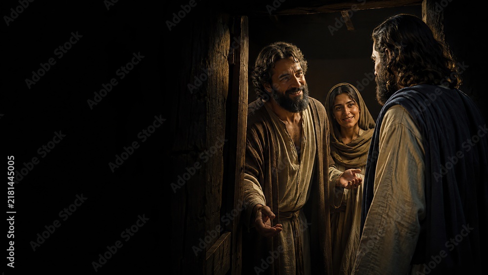 Obraz premium Jesus christ talking with happy man and woman at doorway of ancient house. Biblical scene of welcoming the light of the world. Faith, hospitality and gospel story from the bible with copy space