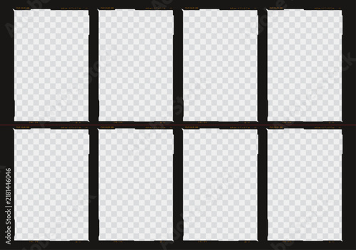 Realistic fantasy medium format 6x9 film contact sheet vector overlay with transparent background, film edge markings, grid of 8 vertical frames, and negative scanner borders for photos and gallery.