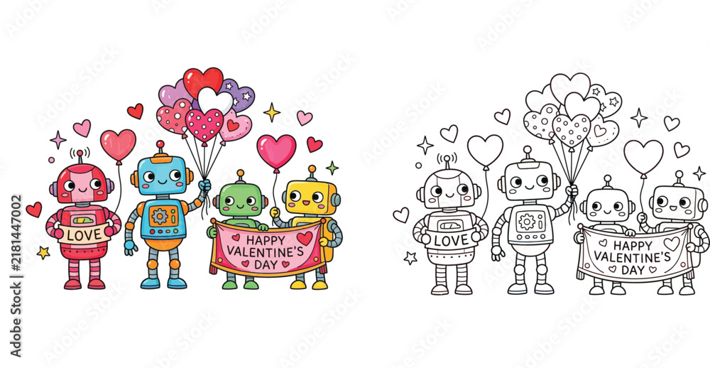 Fototapeta premium Cute cartoon robots celebrating Valentines Day with heart balloons and banner, color vector illustration and coloring page outline on white background