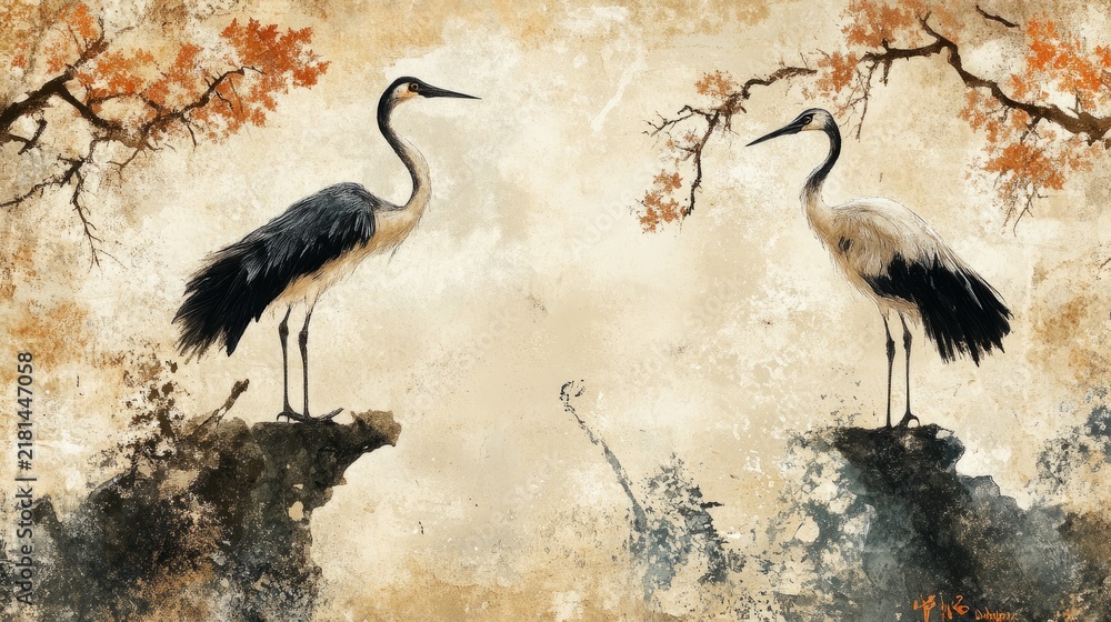 Obraz premium Artistic depiction of cranes facing each other with autumn background