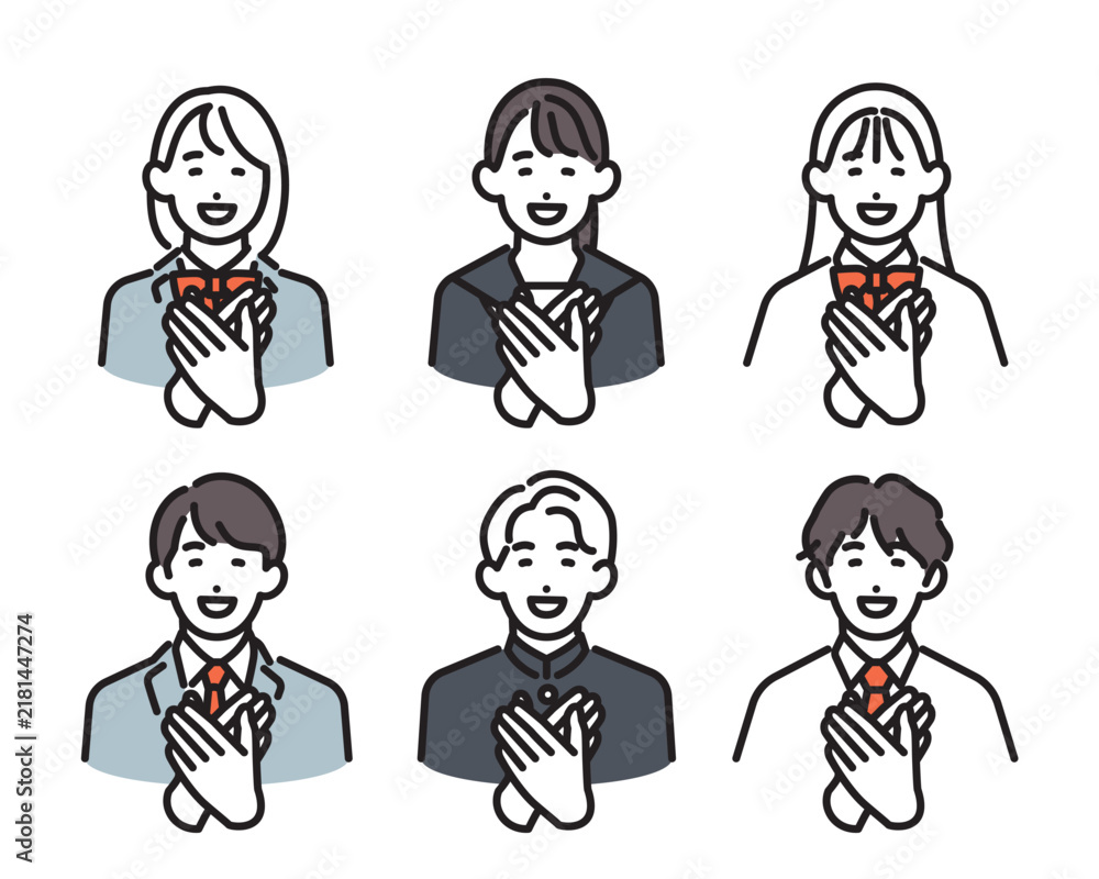Fototapeta premium シンプル イラスト ほっとして胸に手を当てる男女の学生6人セット ベクターイラスト