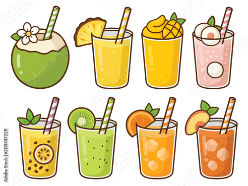 Cute Tropical Fruit Drink Collection Set Flat Vector Illustration