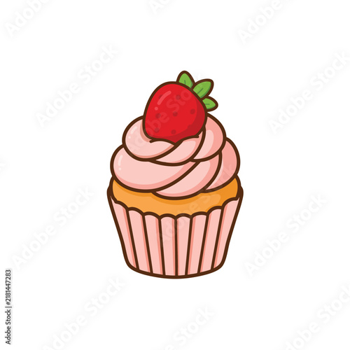 Cute Strawberry Cupcake Flat Vector Illustration