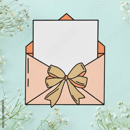 Pastel Pink Envelope with Bow Ribbon and Blank Note Paper on Light Background for Invitation Concept
