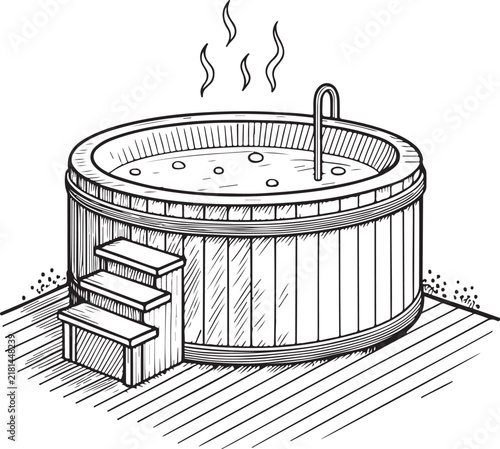 Jacuzzi Hot Tub Hand-drawn Sketch Drawing Vector Illustration, Line Linear Symbol Black and White Engraving, Isolated