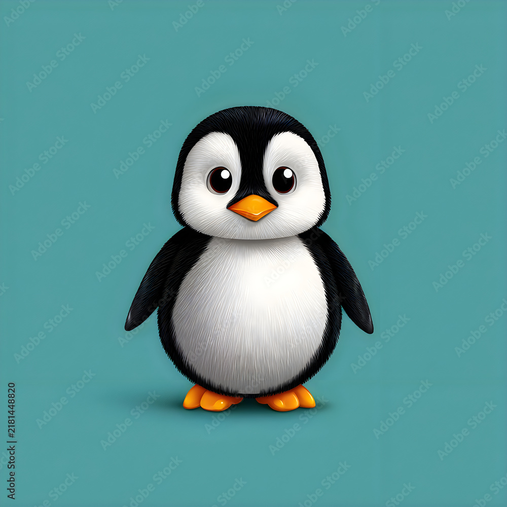 Fototapeta premium Cute fluffy baby penguin character illustration isolated on blue background