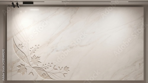 Carved white marble Thanksgiving background featuring overhead studio lighting and maple leaf corner for website banner