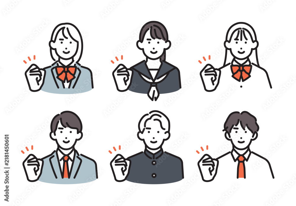 Fototapeta premium シンプル イラスト 自分や周りを鼓舞する男女の学生6人セット ベクターイラスト