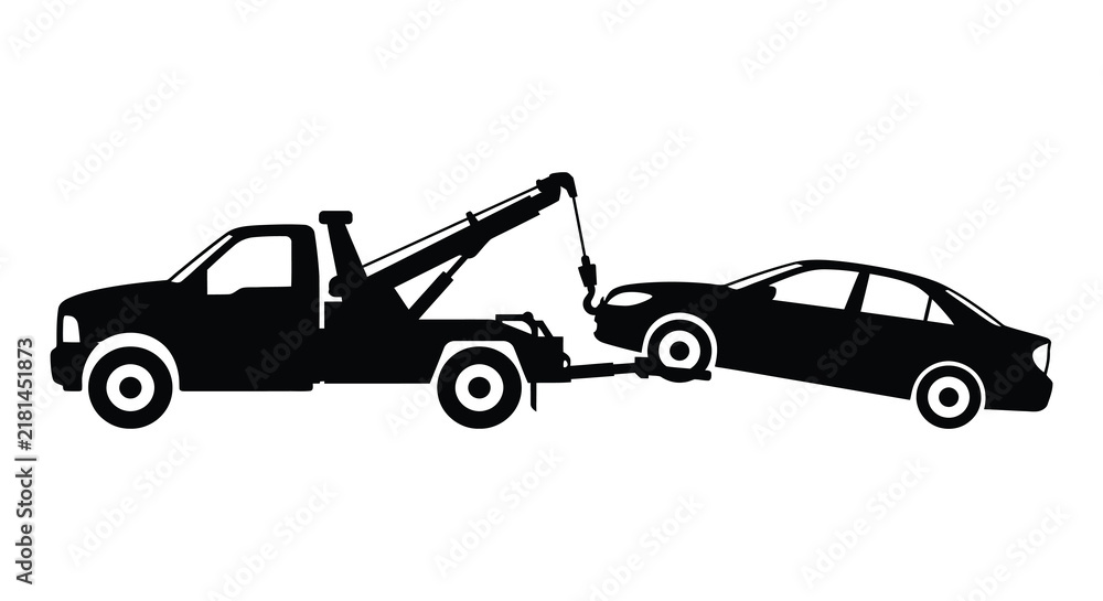 Naklejka premium Tow truck transporting a damaged sedan black silhouette