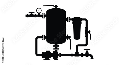 Water filtration system with pipes and gauges black silhouette