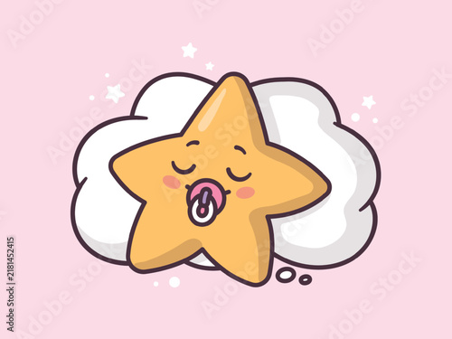 Cute little kawaii baby star sleeping on a cloud vector cartoon illustration