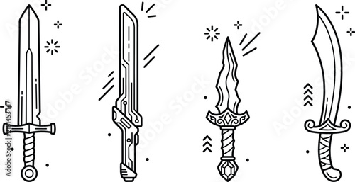 Cuadro en lienzo Medieval fantasy weapons set featuring sword cyber blade dagger scimitar line ar