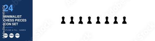 Chess Pieces Icon Set, Minimalist Design, Black and White, Game Strategy, Vector Illustration, Outline and Fill