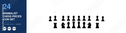 Chess Pieces Icon Set, Minimalist Design, Outline and Fill Styles, Gaming Concept, Vector Illustration, Iconography