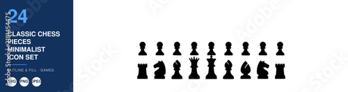 Chess Pieces, Classic Minimalist Icon Set Design. Outline and Fill Vector Graphics