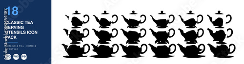 Classic Tea Utensils Icon Pack, Vintage Design Elements. Tea Set Illustration, Monochrome Icon Collection