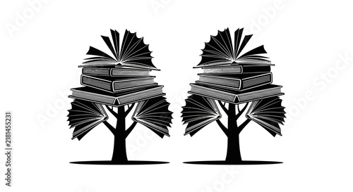 Obraz na plátně Two trees formed from stacked books and open pages black silhouette