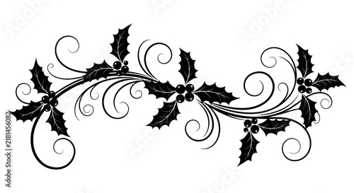 Holly branch with berries and swirls is a black vector illustration