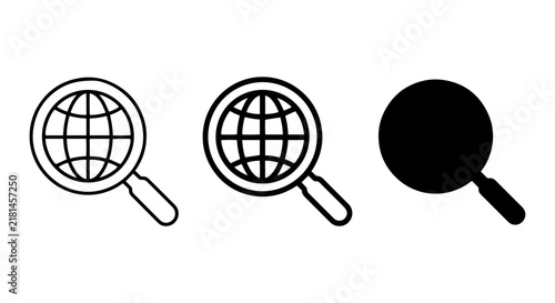 Global Search Icons, Magnifying Glass with Earth, Vector Icons for Discovery and Research