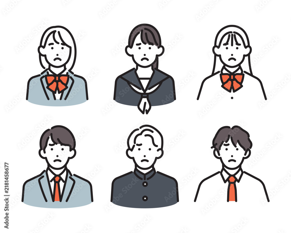 Obraz premium シンプル イラスト 不満そうな表情をする男女の学生6人セット ベクターイラスト