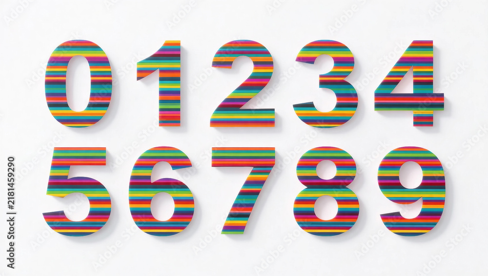 Obraz premium Complete numeral set from zero to nine featuring vibrant horizontal rainbow stripes, isolated on white with copy space.