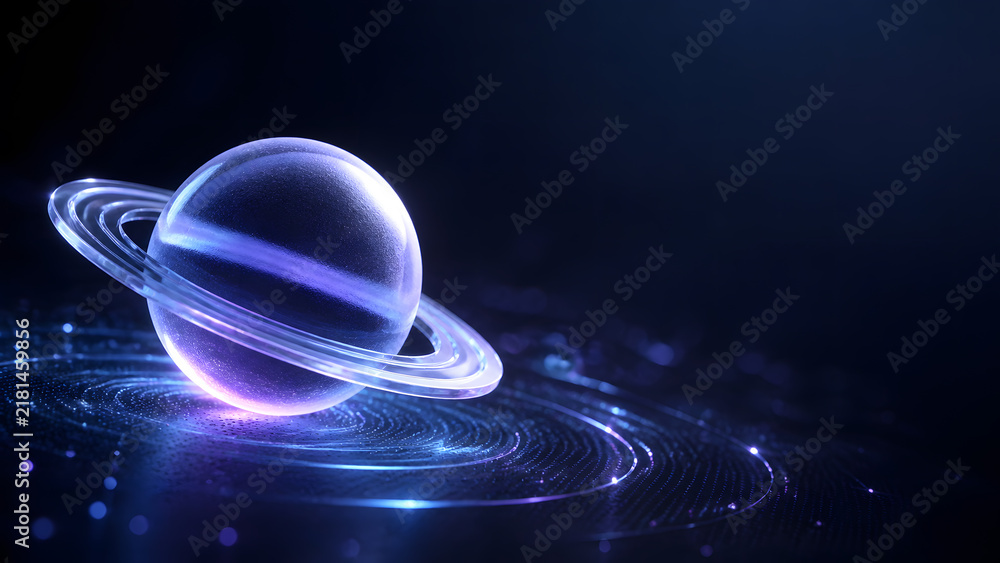 Fototapeta premium Glass planet glowing purple blue with ring floating above digital circle dark background space astronomy science