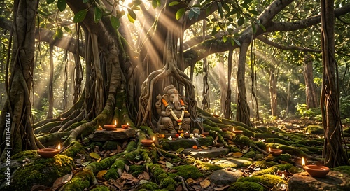 Ganesha Statue Under Ancient Banyan Tree with Golden Sun Rays and Lit Diyas in a Mystical Forest
